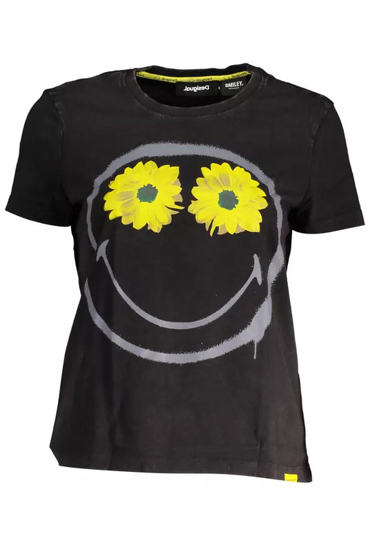 Desigual Chic Black Printed Cotton Tee with Logo Desigual