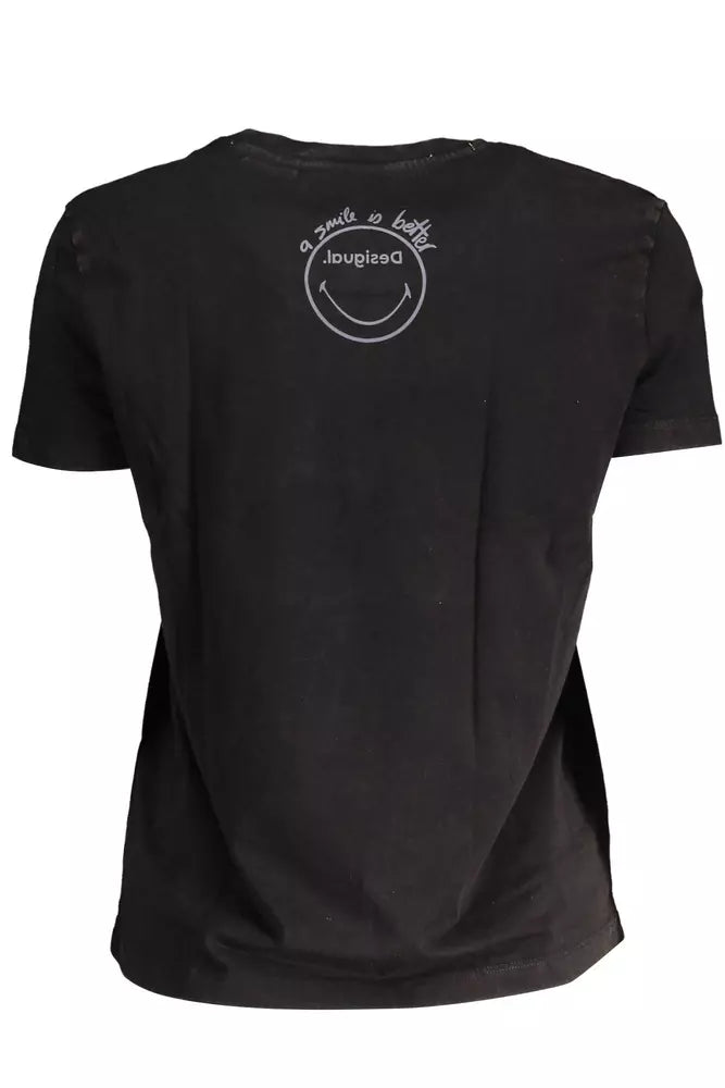 Desigual Chic Black Printed Cotton Tee with Logo Desigual