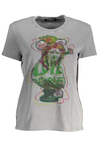 Desigual Chic Gray Printed Cotton Tee with Logo Desigual