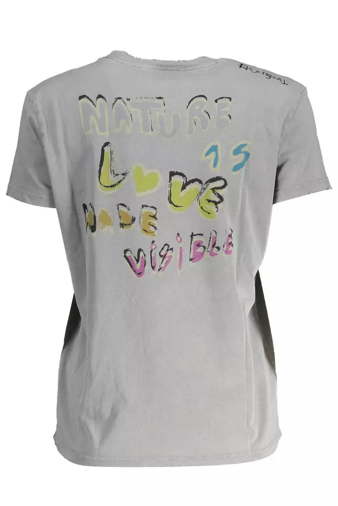 Desigual Chic Gray Printed Cotton Tee with Logo Desigual