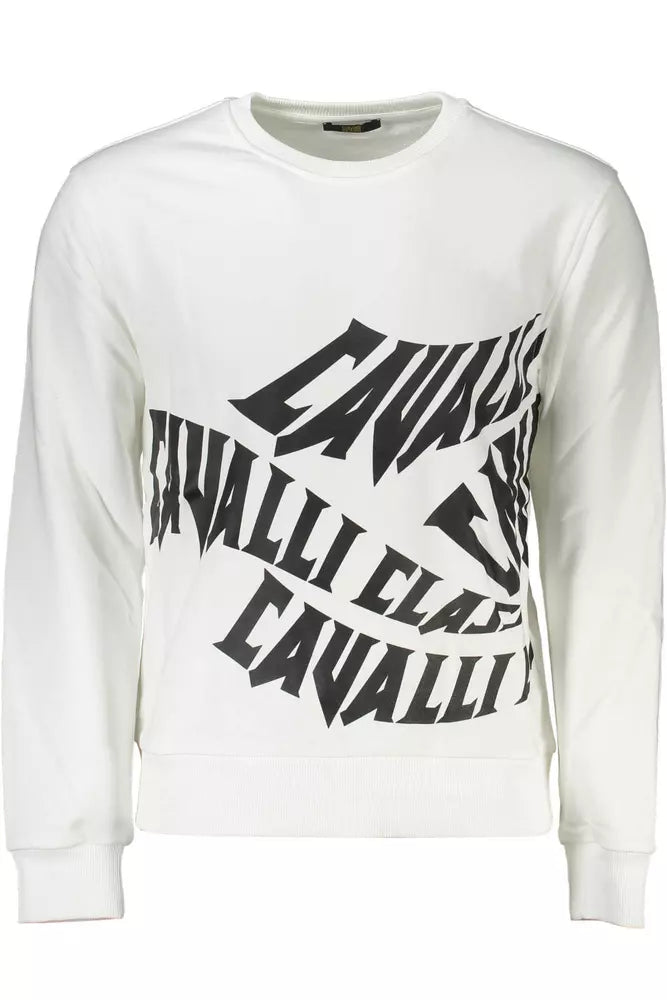 Cavalli Class Elegant White Brushed Sweatshirt with Logo Print Cavalli Class