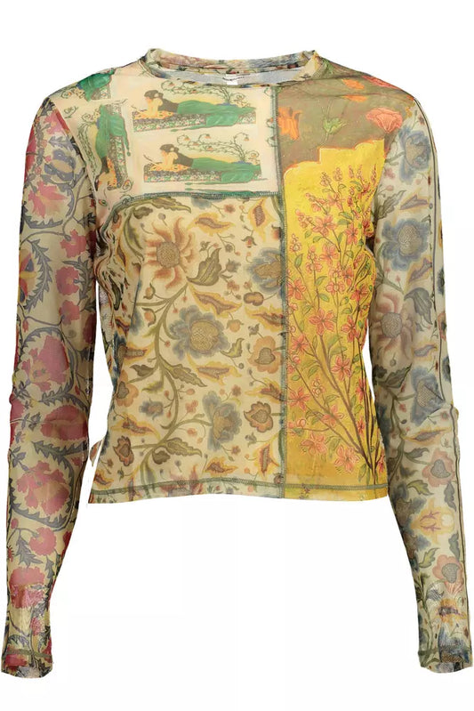 Desigual Elegant Beige Long Sleeve Printed T-Shirt Desigual