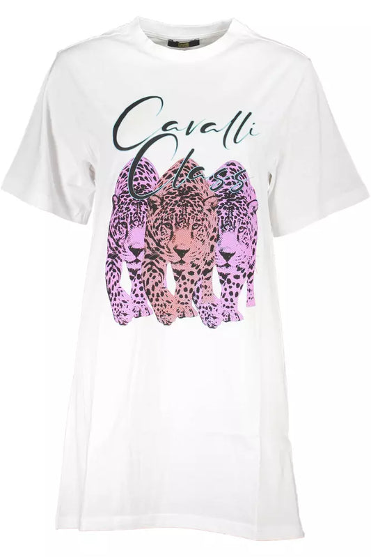 Cavalli Class Chic White Cotton Dress with Iconic Print Cavalli Class