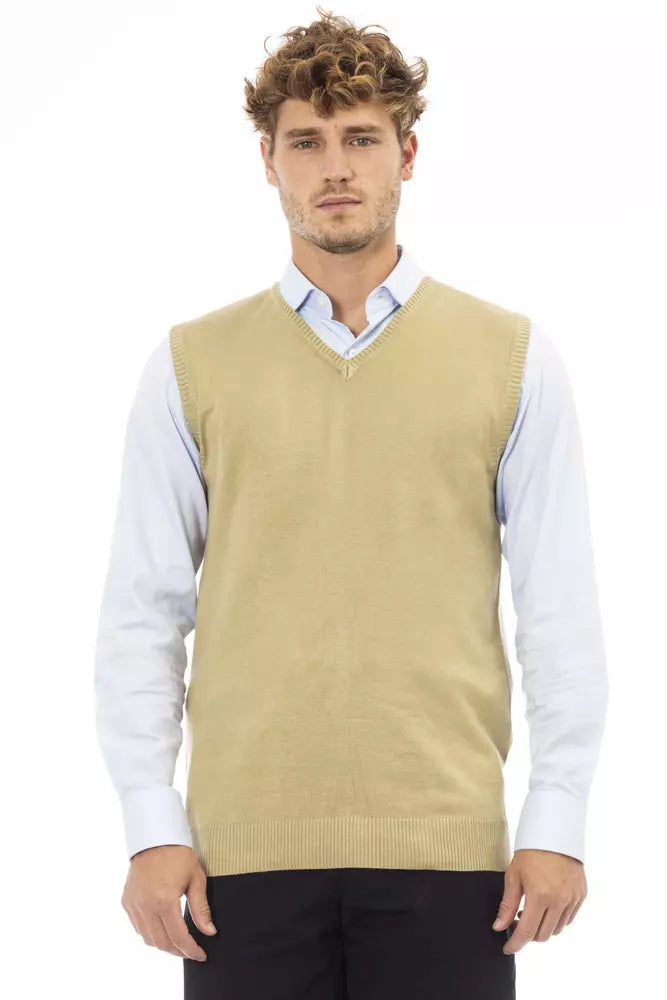 Alpha Studio Beige Viscose Men Vest Alpha Studio