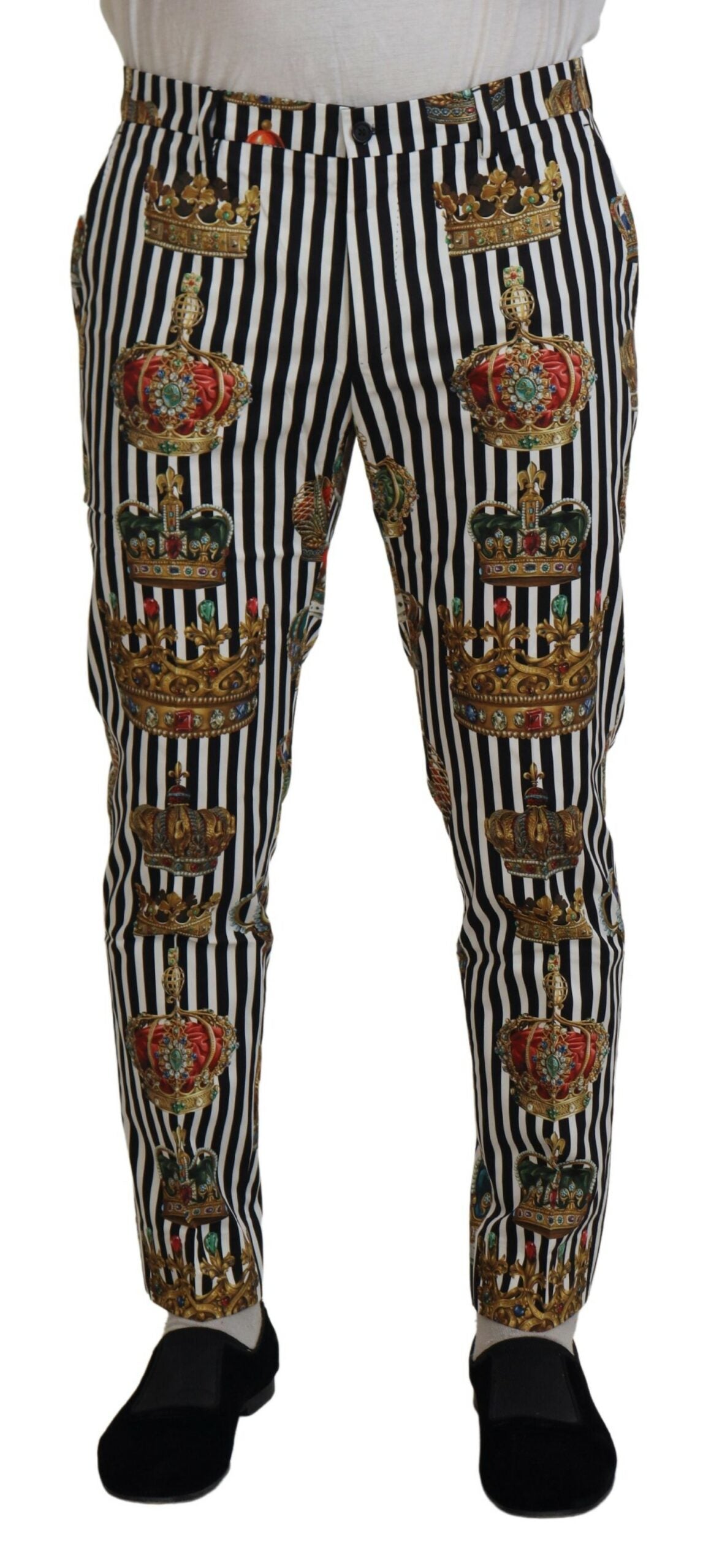 Dolce & Gabbana Elegant Gold Crown Stripe Chino Pants Dolce & Gabbana