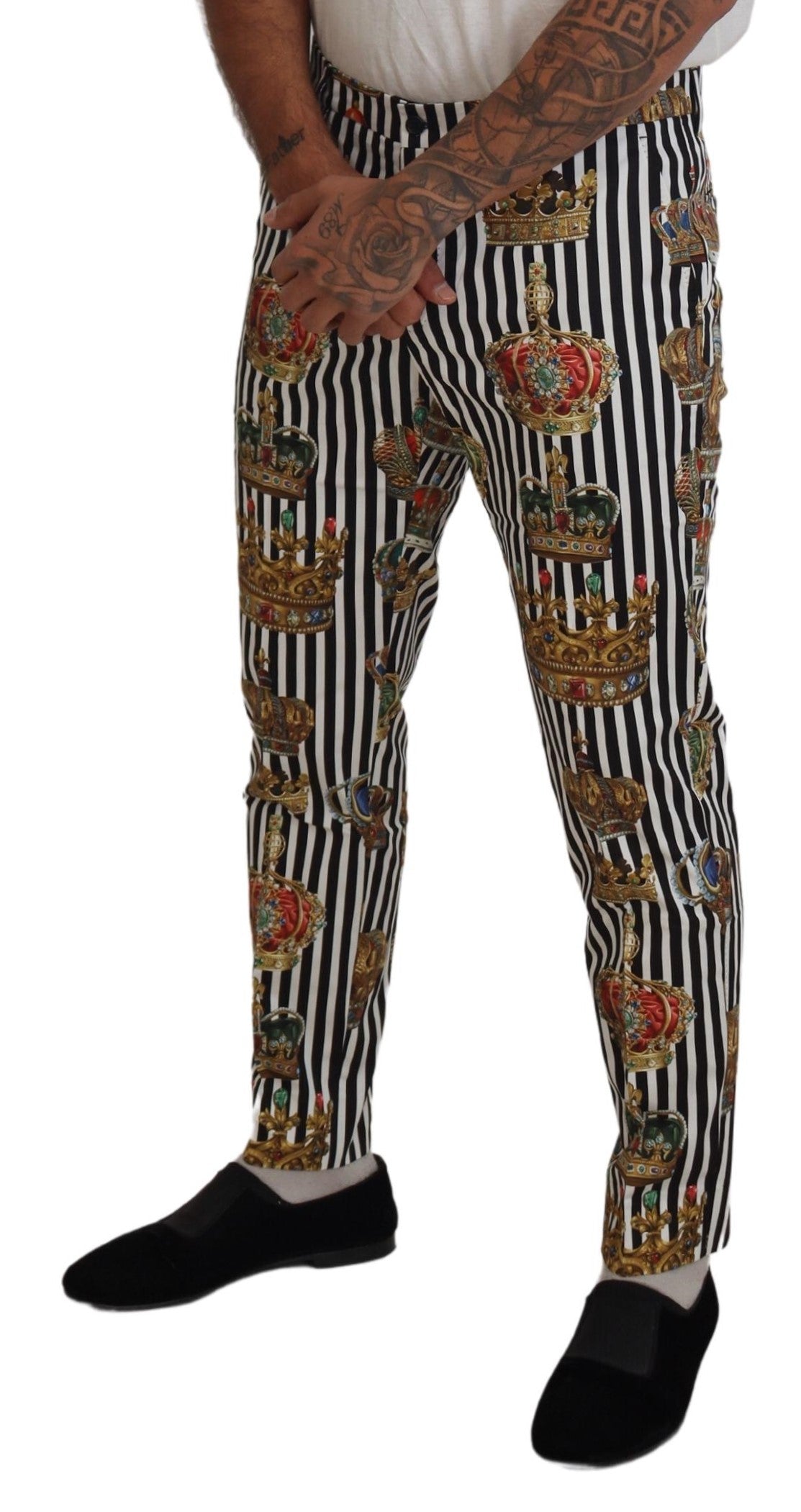 Dolce & Gabbana Elegant Gold Crown Stripe Chino Pants Dolce & Gabbana