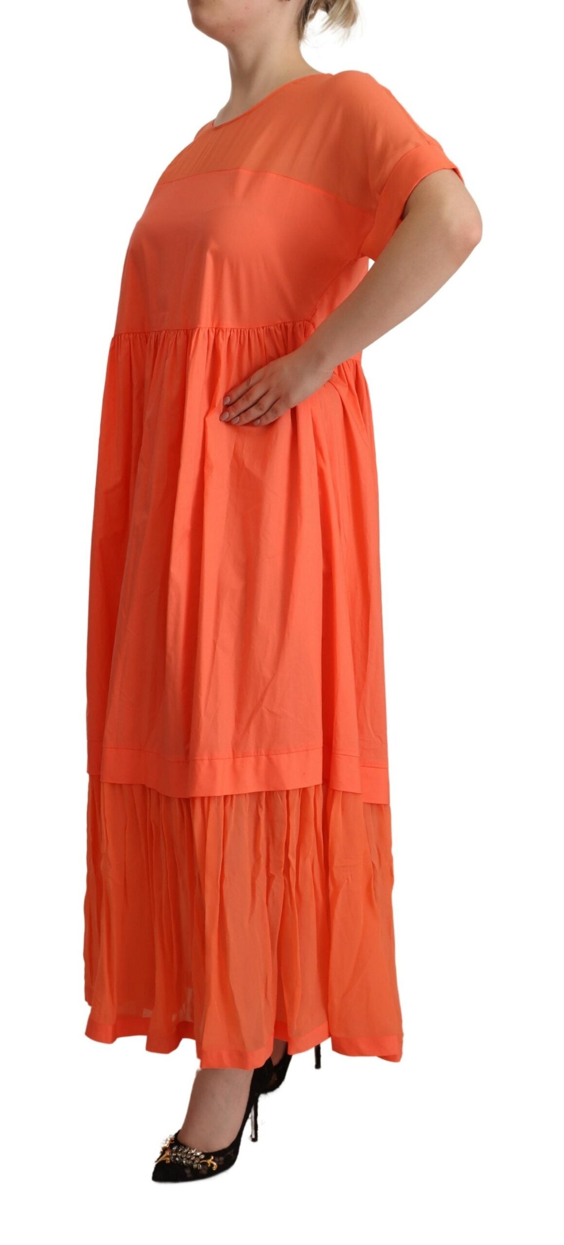 Twinset Elegant Coral Maxi Dress with Short Sleeves Twinset