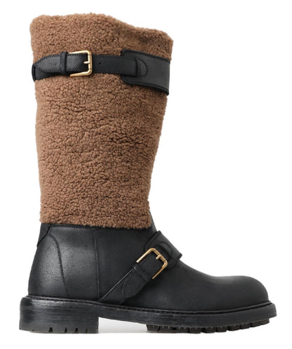 Dolce & Gabbana Black Shearling Leather Long Boots Dolce & Gabbana