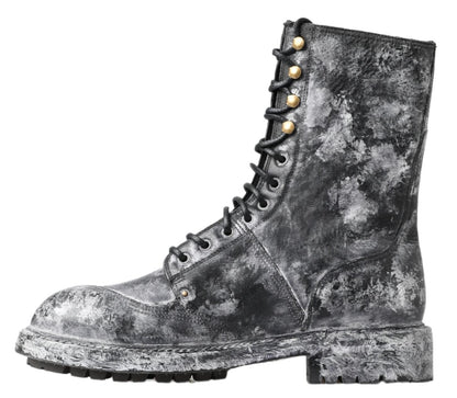 Dolce & Gabbana Chic Black Lace-Up Boots with Gray White Fade Dolce & Gabbana