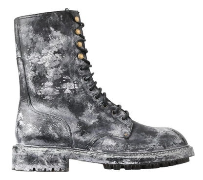 Dolce & Gabbana Chic Black Lace-Up Boots with Gray White Fade Dolce & Gabbana