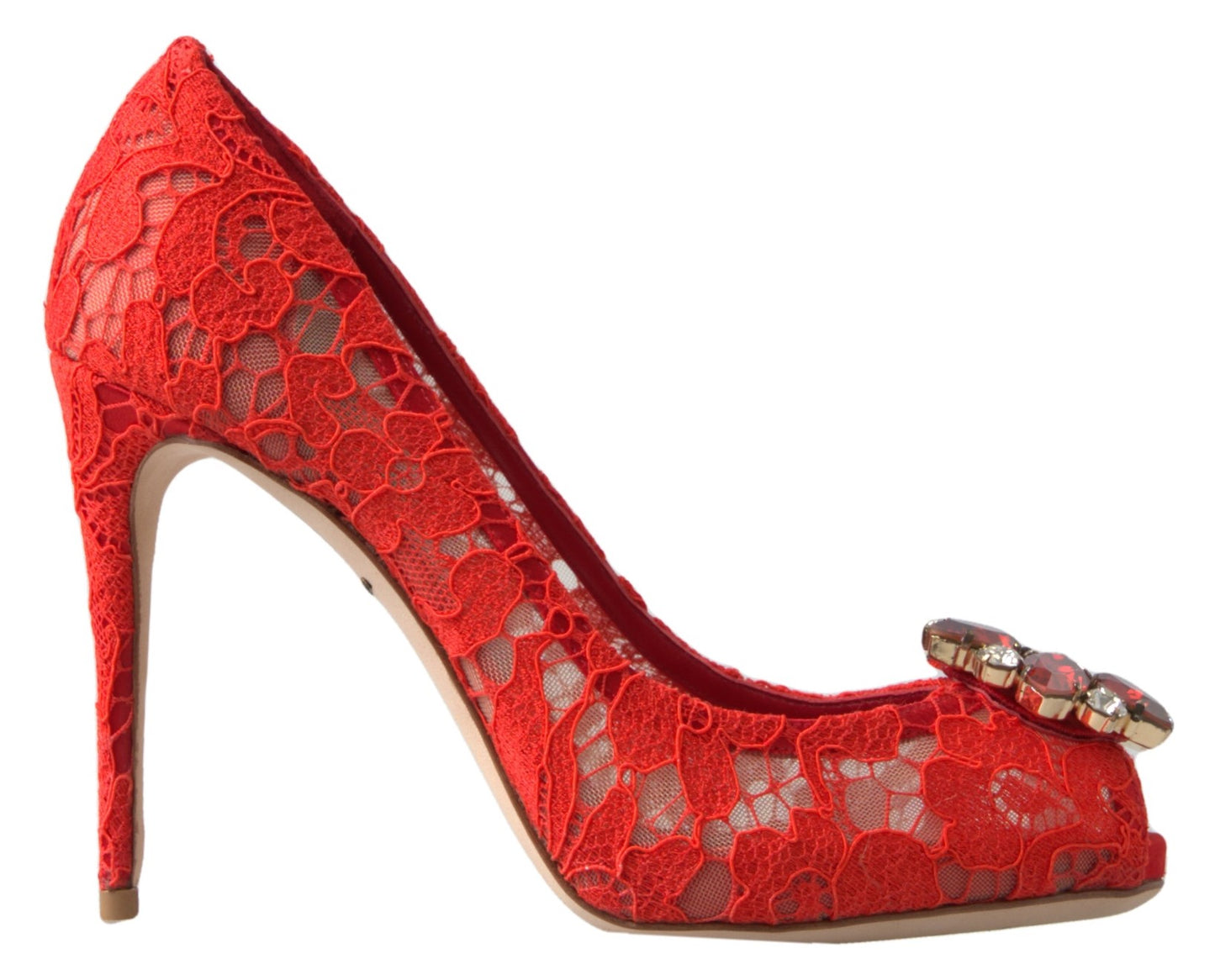 Dolce & Gabbana Chic Red Lace Heels with Crystal Embellishment Dolce & Gabbana