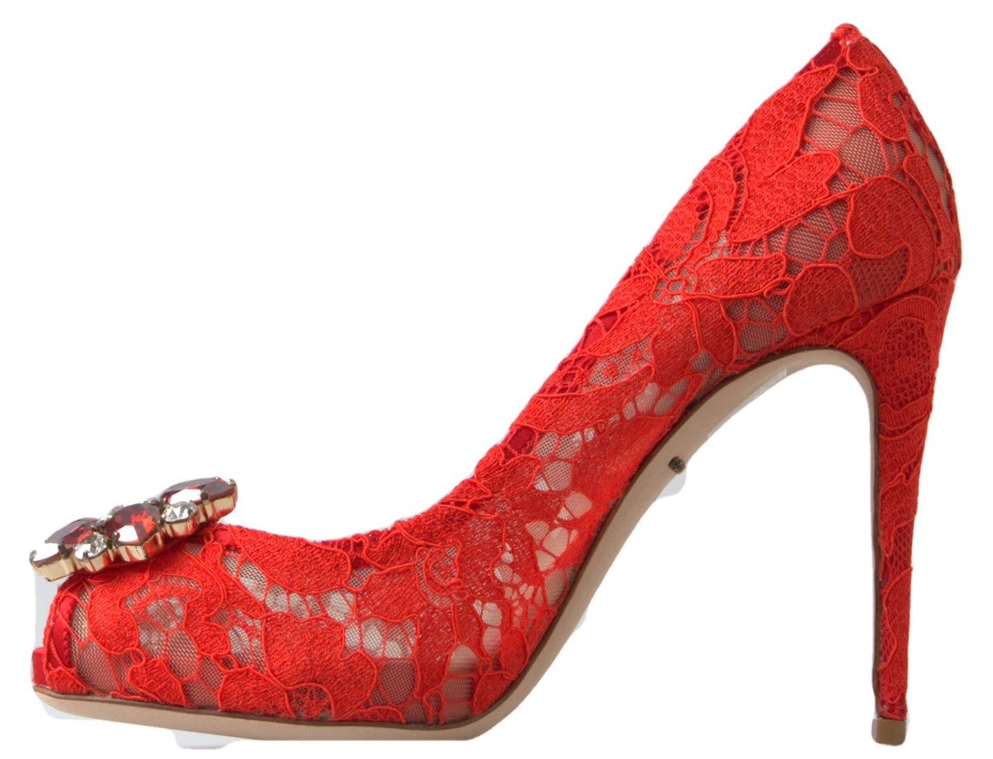 Dolce & Gabbana Chic Red Lace Heels with Crystal Embellishment Dolce & Gabbana