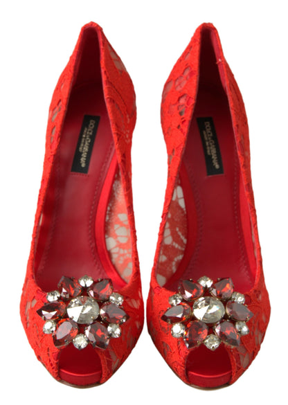 Dolce & Gabbana Chic Red Lace Heels with Crystal Embellishment Dolce & Gabbana