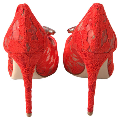 Dolce & Gabbana Chic Red Lace Heels with Crystal Embellishment Dolce & Gabbana