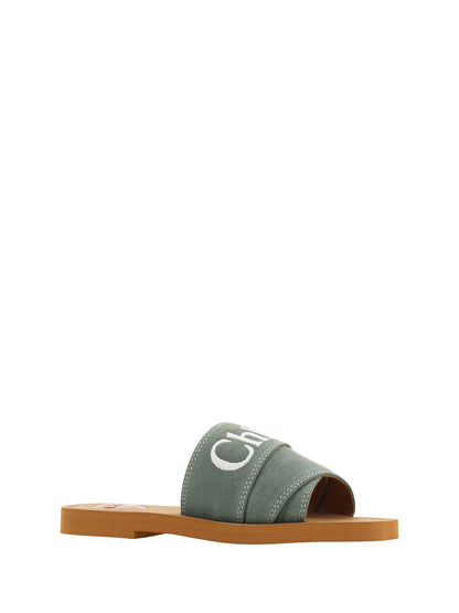 Chloé Elegant Forest Green Cotton Slides Chloé