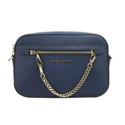 Michael Kors Jet Set Large East West Navy Leather Zip Chain Crossbody Bag Purse Michael Kors