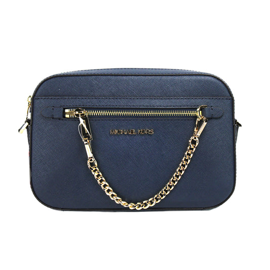 Michael Kors Jet Set Large East West Navy Leather Zip Chain Crossbody Bag Purse Michael Kors