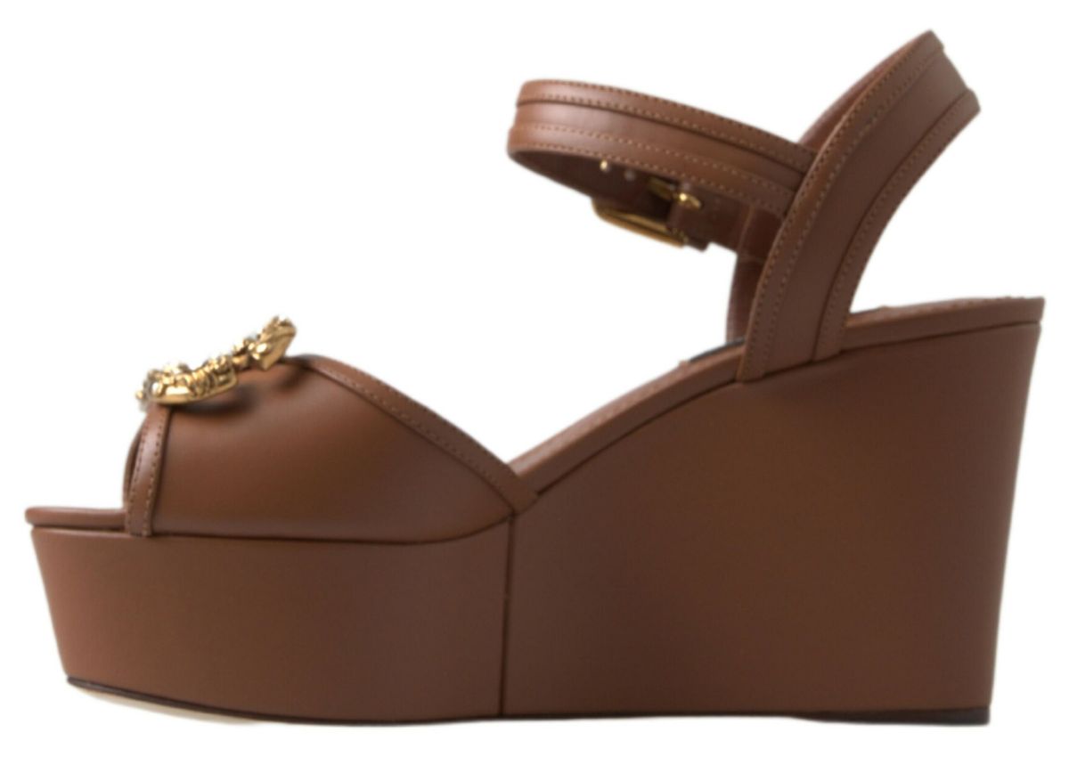 Dolce & Gabbana Chic Brown Leather Ankle Strap Wedges Dolce & Gabbana