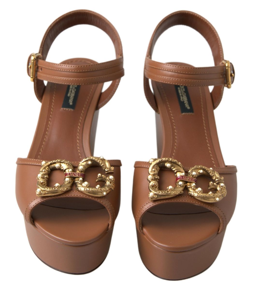 Dolce & Gabbana Chic Brown Leather Ankle Strap Wedges Dolce & Gabbana