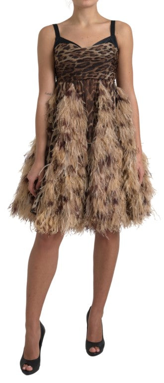 Dolce & Gabbana Sleeveless Leopard Chiffon Ostrich-Feather Dress Dolce & Gabbana