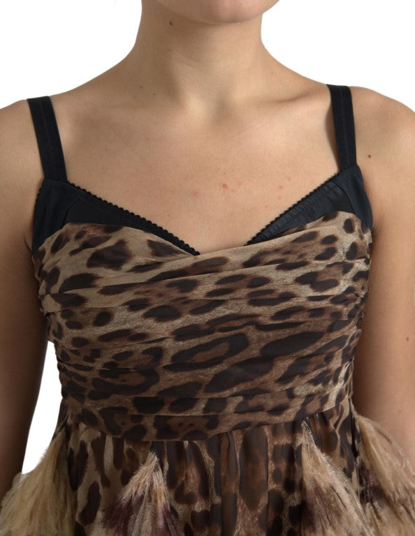 Dolce & Gabbana Sleeveless Leopard Chiffon Ostrich-Feather Dress Dolce & Gabbana