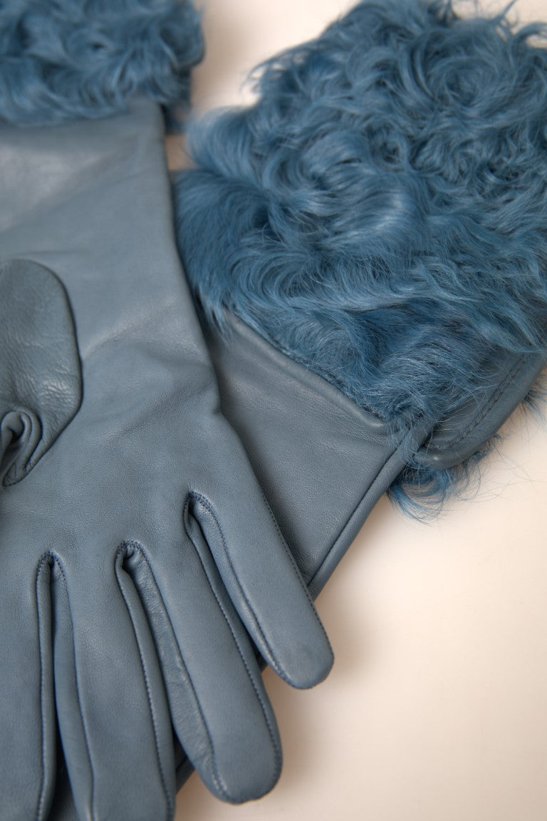 Dolce & Gabbana Elegant Blue Leather Gloves with Fur Trim Dolce & Gabbana