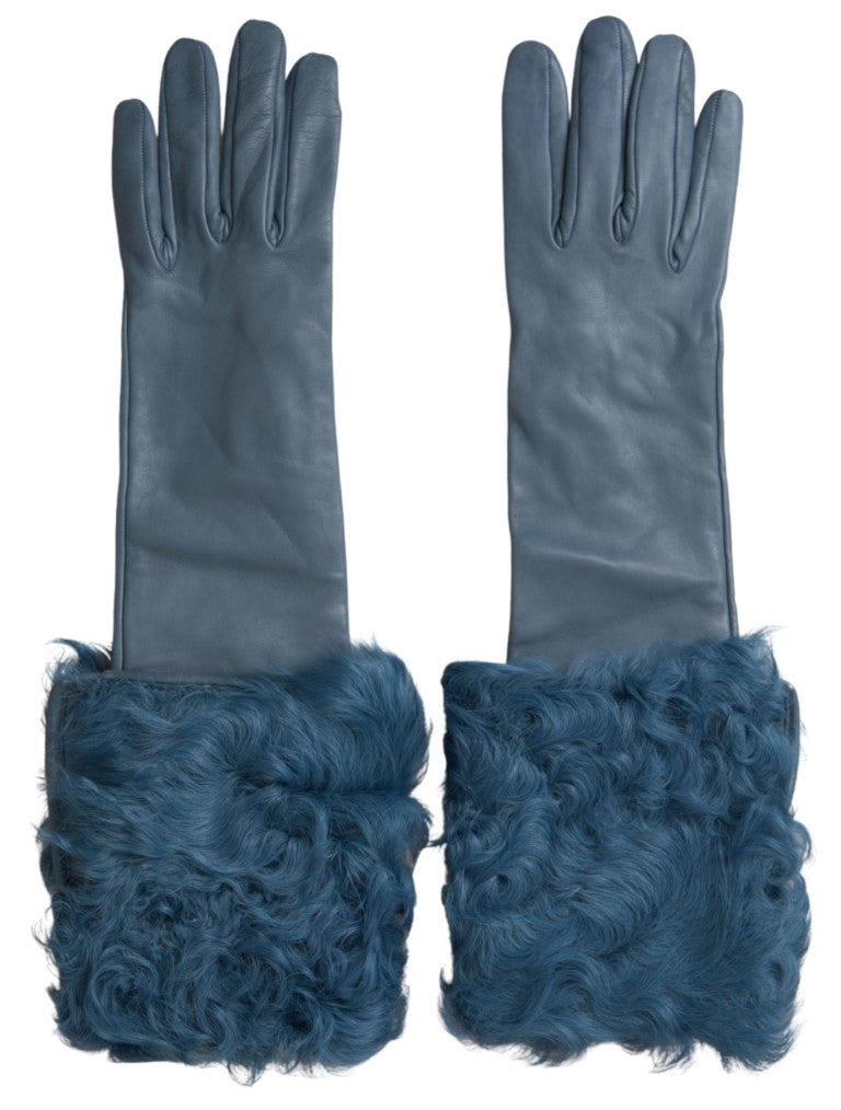 Dolce & Gabbana Elegant Blue Leather Gloves with Fur Trim Dolce & Gabbana