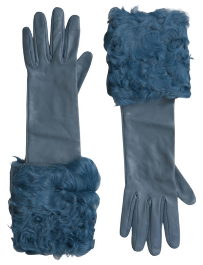 Dolce & Gabbana Elegant Blue Leather Gloves with Fur Trim Dolce & Gabbana