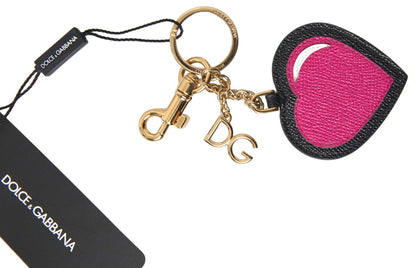 Dolce & Gabbana Elegant Black Leather Keychain with Fuchsia Accent Dolce & Gabbana