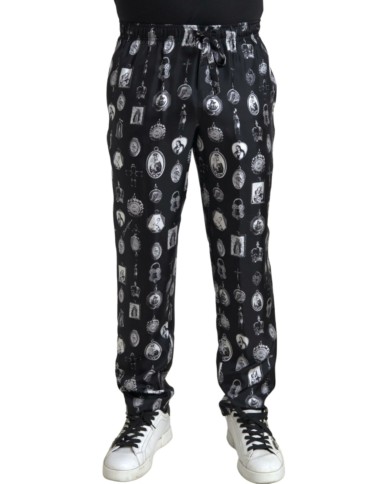 Dolce & Gabbana Elegant Silk Joggers with Religious Print Dolce & Gabbana