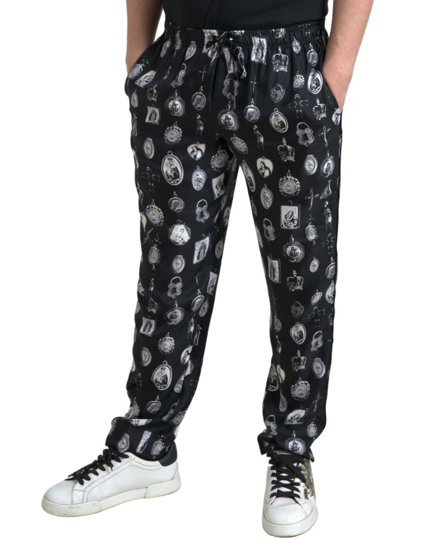 Dolce & Gabbana Elegant Silk Joggers with Religious Print Dolce & Gabbana