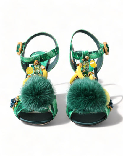 Dolce & Gabbana Green Crystal Mink Fur T-Strap Sandals Dolce & Gabbana