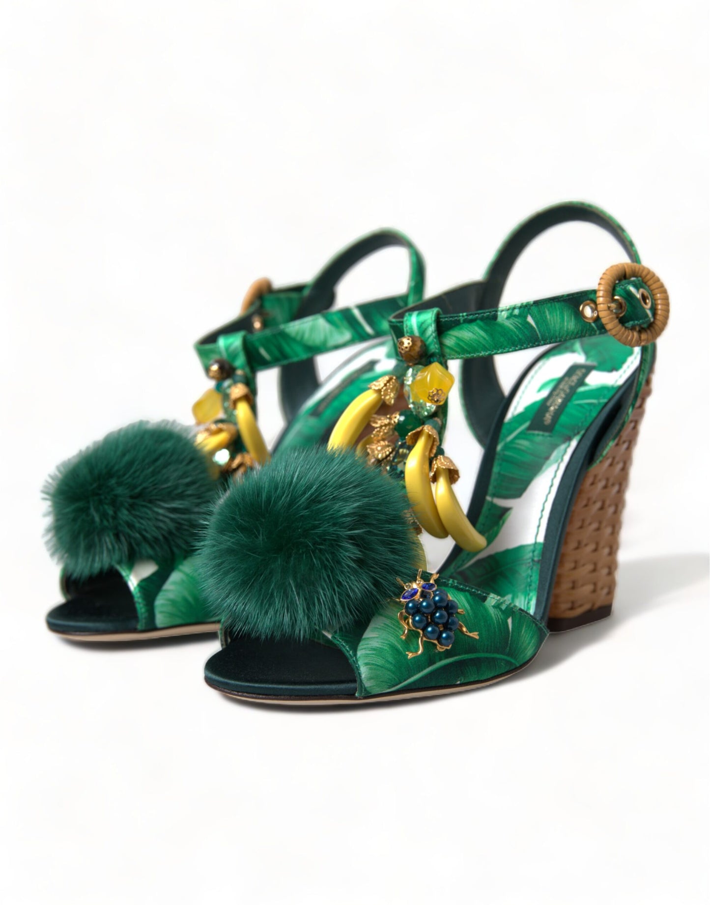 Dolce & Gabbana Green Crystal Mink Fur T-Strap Sandals Dolce & Gabbana