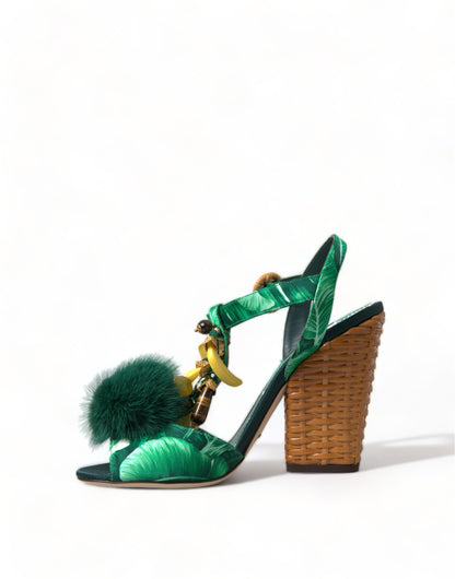 Dolce & Gabbana Green Crystal Mink Fur T-Strap Sandals Dolce & Gabbana