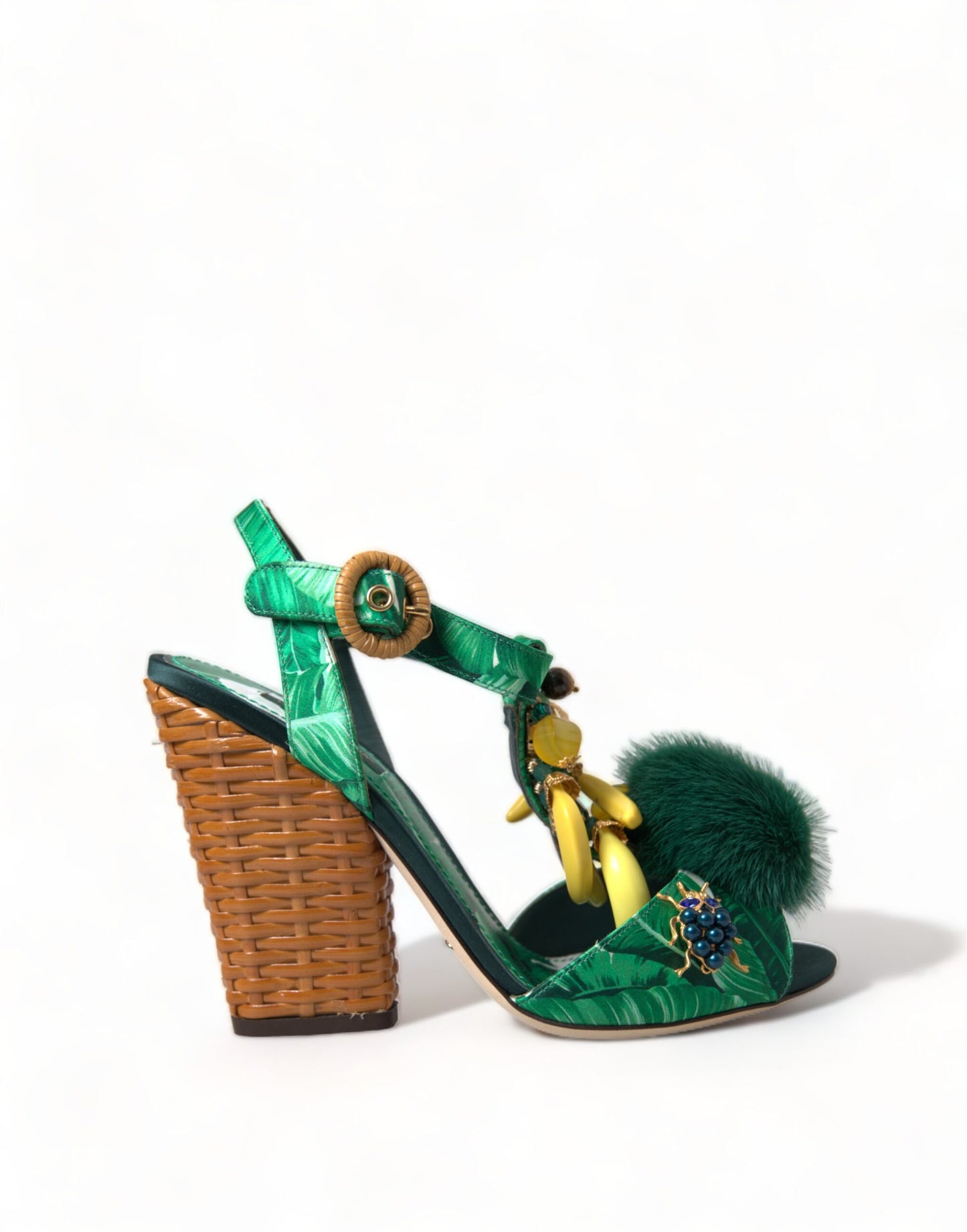 Dolce & Gabbana Green Crystal Mink Fur T-Strap Sandals Dolce & Gabbana