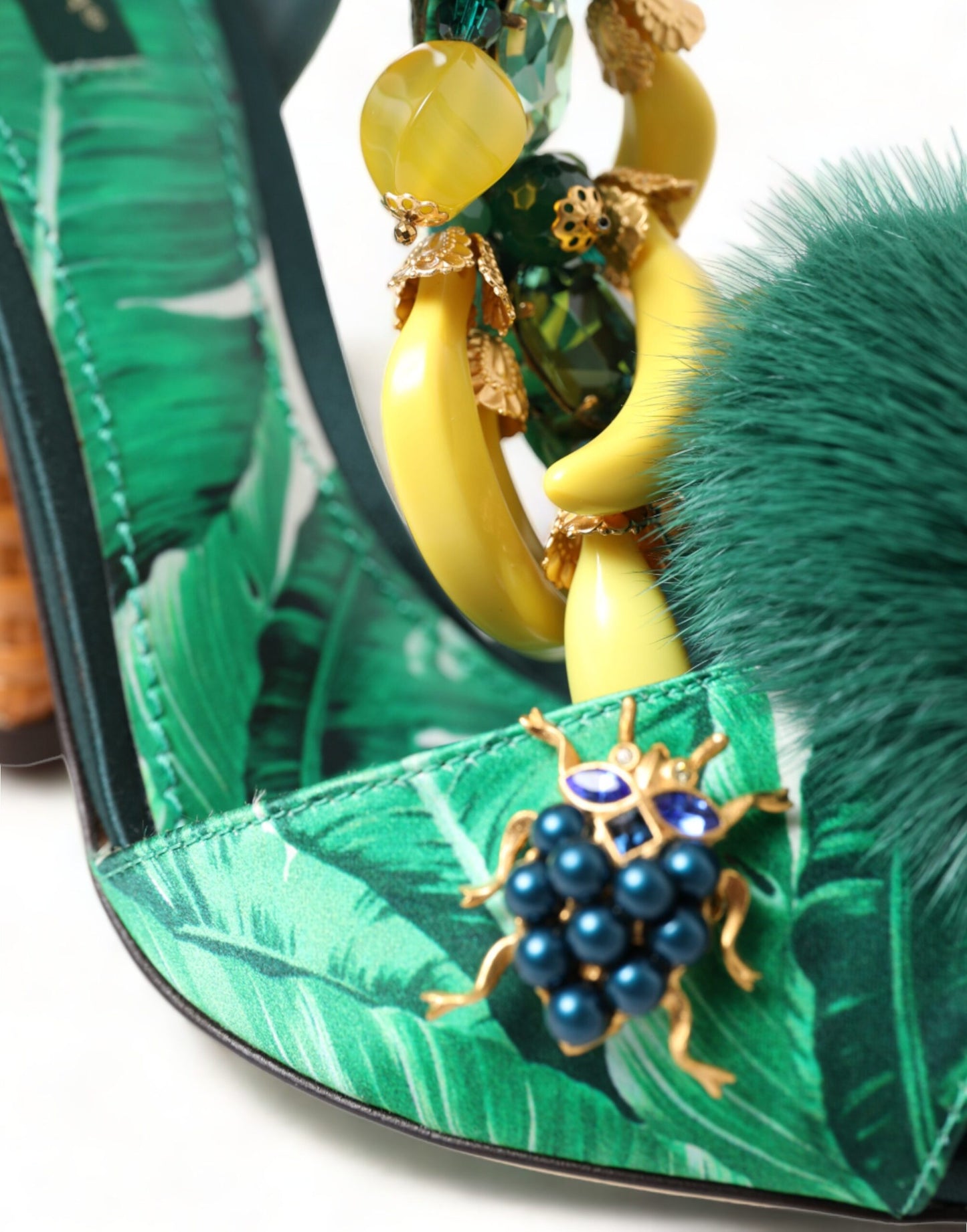 Dolce & Gabbana Green Crystal Mink Fur T-Strap Sandals Dolce & Gabbana