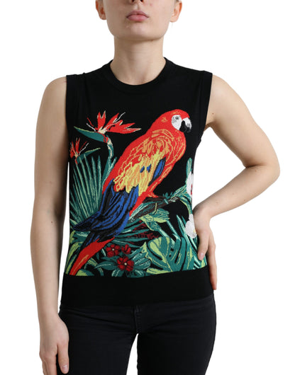 Dolce & Gabbana Elegant Crew Neck Wool Silk Tank with Bird Embroidery Dolce & Gabbana