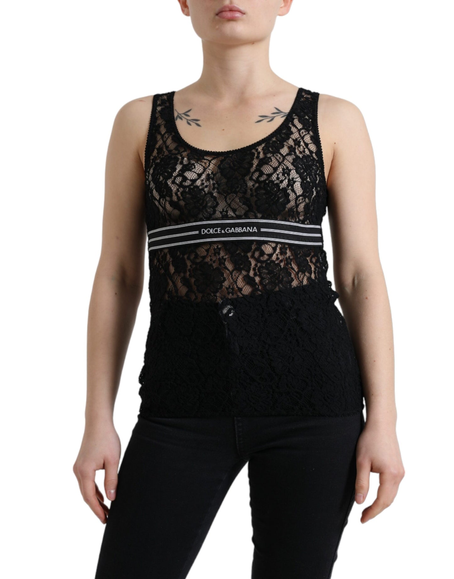 Dolce & Gabbana Elegant Lace Tank Top with Logo Stripe Dolce & Gabbana