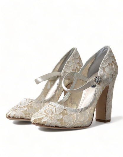 Dolce & Gabbana Chic Lace Block Heels Sandals in Cream White Dolce & Gabbana