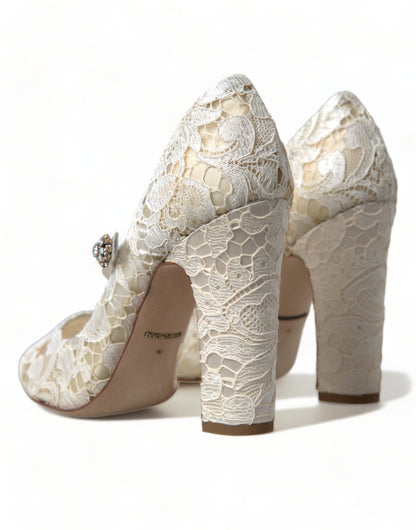 Dolce & Gabbana Chic Lace Block Heels Sandals in Cream White Dolce & Gabbana