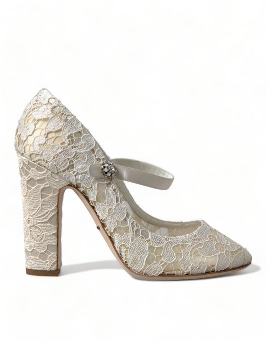 Dolce & Gabbana Chic Lace Block Heels Sandals in Cream White Dolce & Gabbana