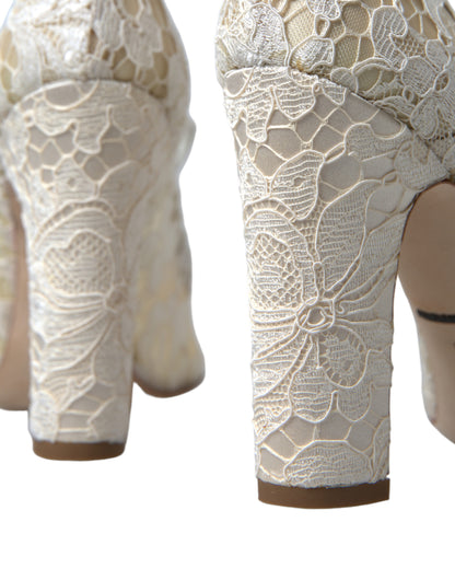 Dolce & Gabbana Chic Lace Block Heels Sandals in Cream White Dolce & Gabbana