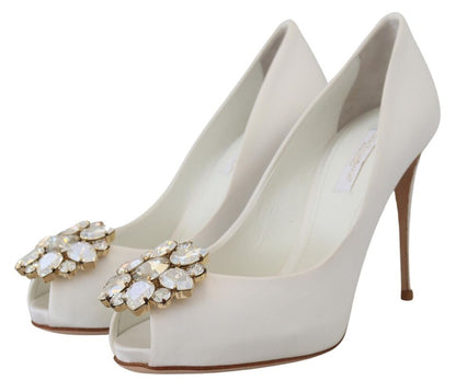 Dolce & Gabbana Crystal-Embellished White Peep Toe Heels Dolce & Gabbana