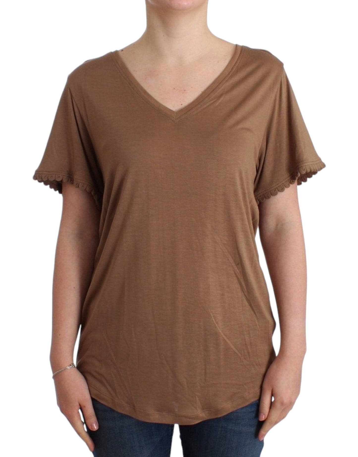 John Galliano Elegant Short-Sleeved Brown Rayon Top John Galliano