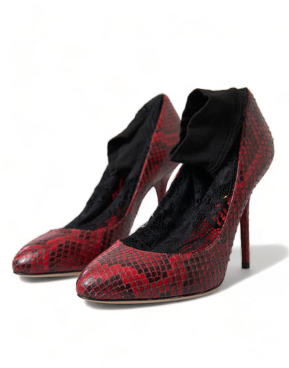 Dolce & Gabbana Red Almond Toe Snakeskin Pumps with Lace Socks Dolce & Gabbana