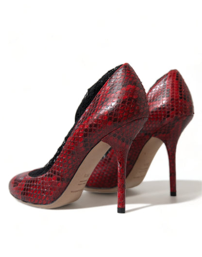 Dolce & Gabbana Red Almond Toe Snakeskin Pumps with Lace Socks Dolce & Gabbana