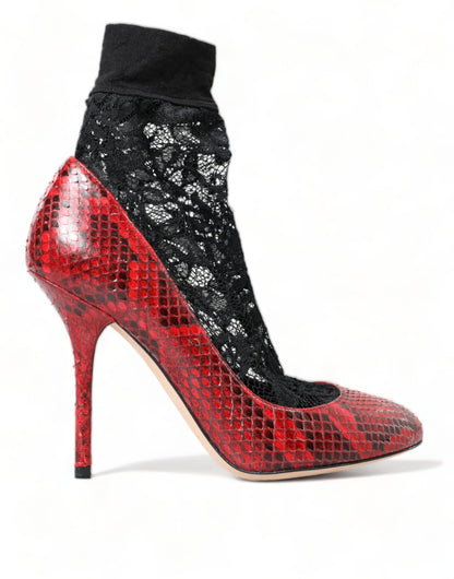 Dolce & Gabbana Red Almond Toe Snakeskin Pumps with Lace Socks Dolce & Gabbana