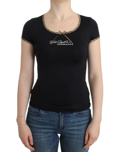 Cavalli Chic Black Crewneck Top with Leopard Details Cavalli