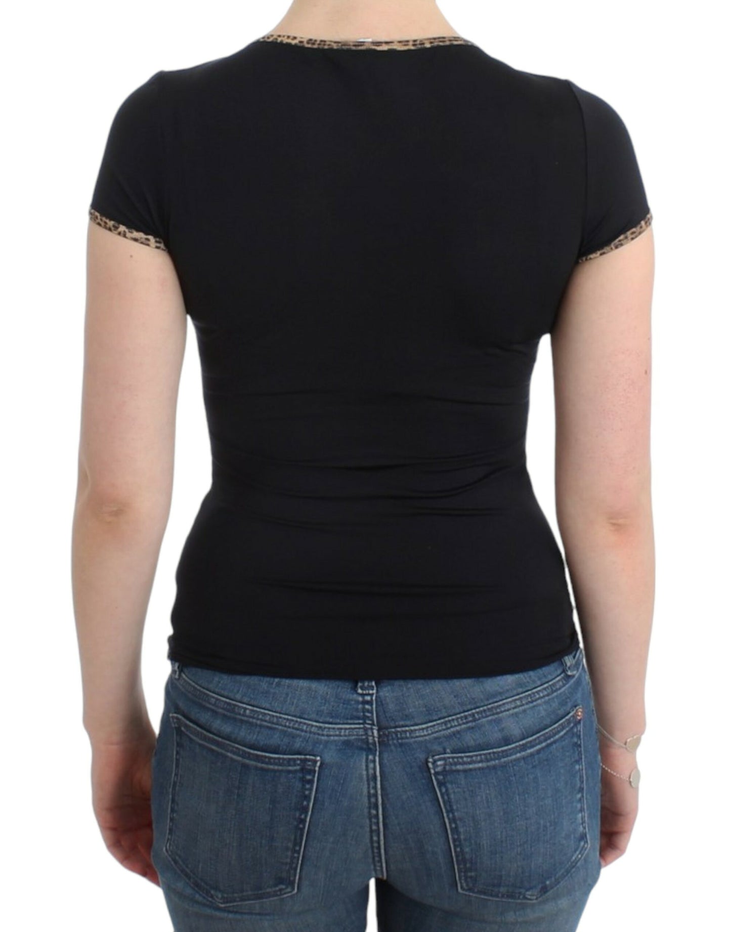 Cavalli Chic Black Crewneck Top with Leopard Details Cavalli