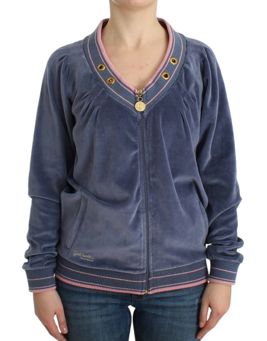 Cavalli Elegant Blue Zip Cardigan with Gold Details Cavalli